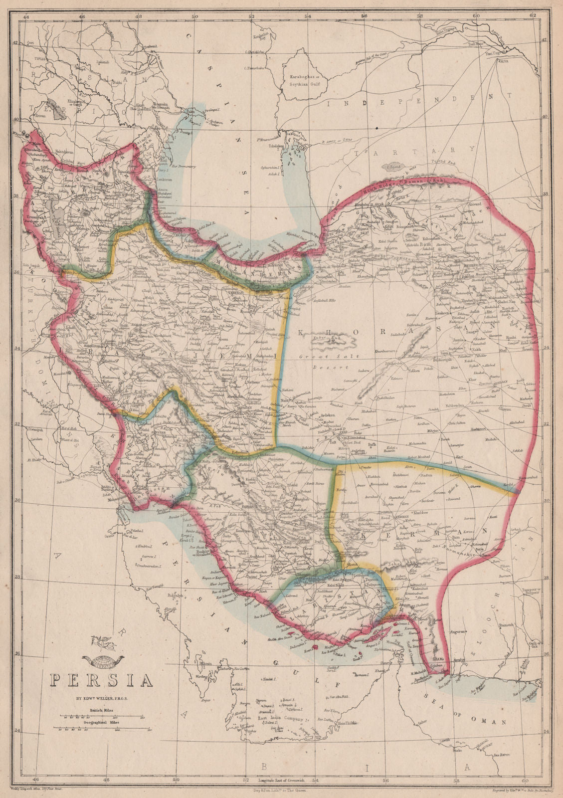 PERSIA. Provinces. Iran. Includes Azerbaijan Kerman Laristan. WELLER 1862 map